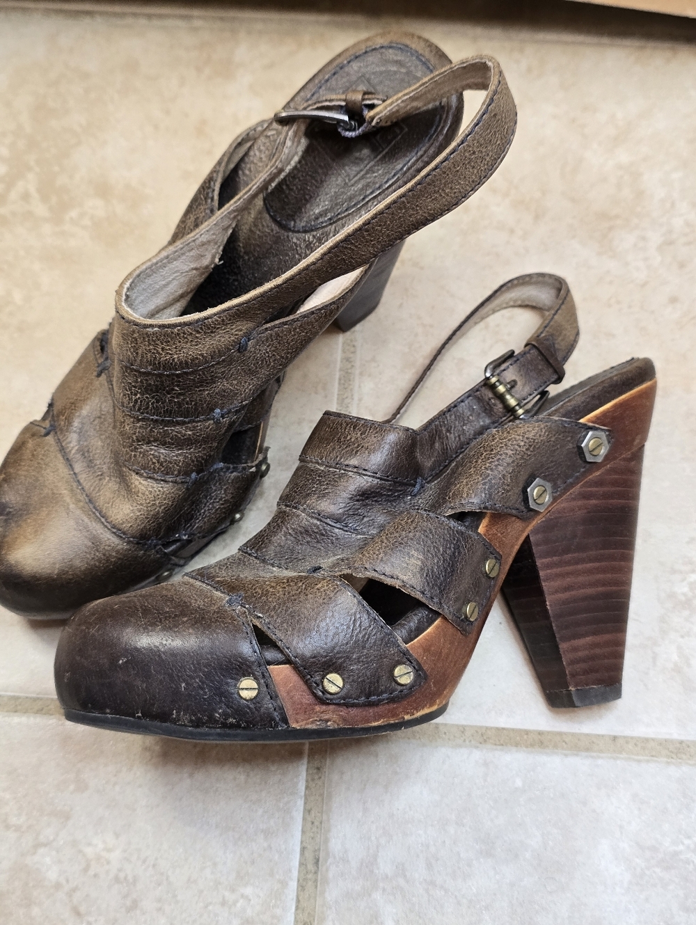 Frye Brown Leather Slingback Clog Heels